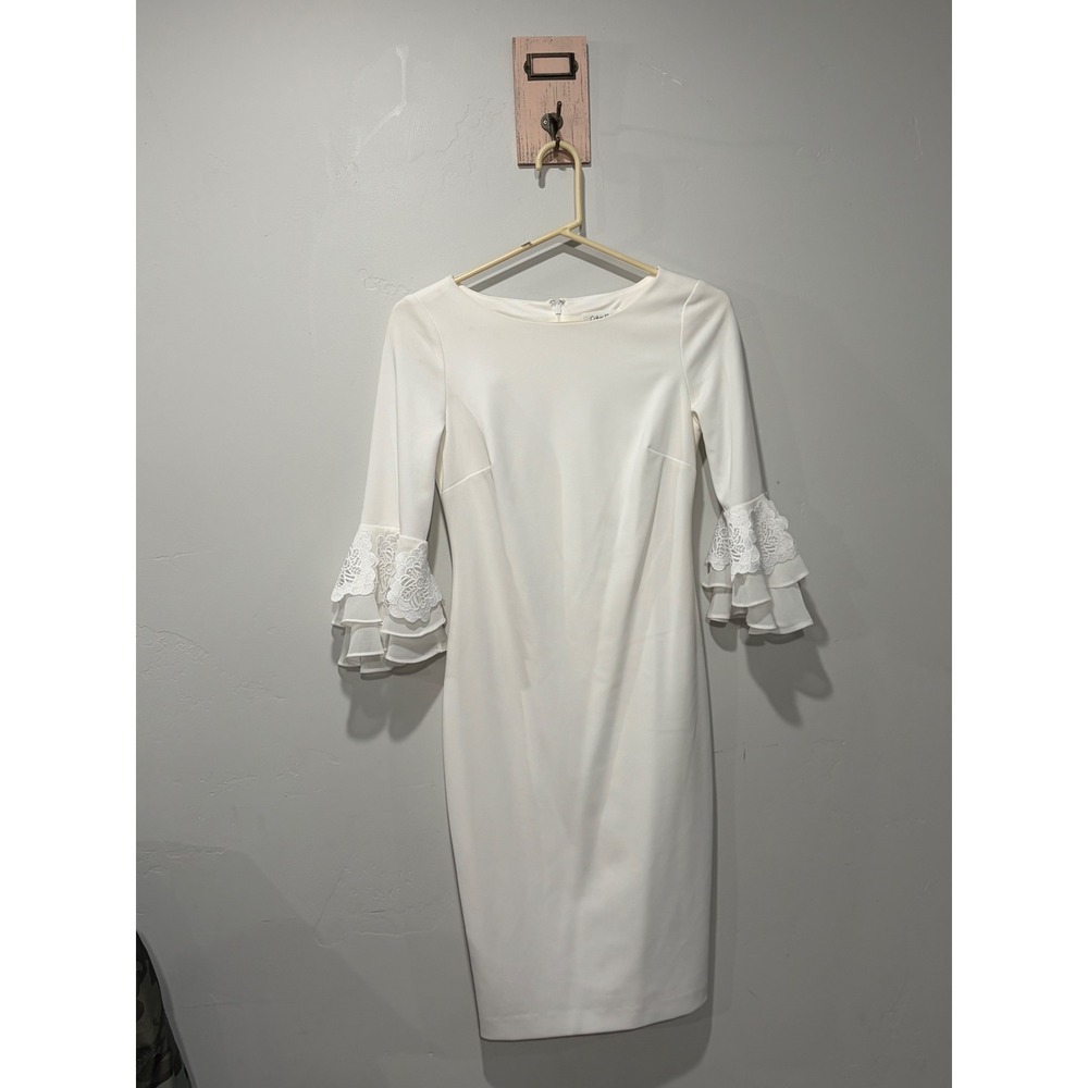 Calvin Klein White Lace Bell Sleeve Sheath Dress Size 2 Tiered Ruffle Cocktail